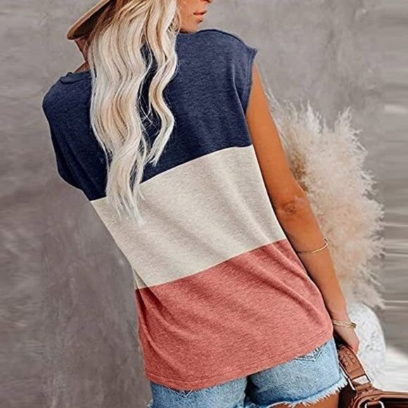 Color Block Tee With Pocket Navy/Beige/Coral XL - Picture 6 of 8